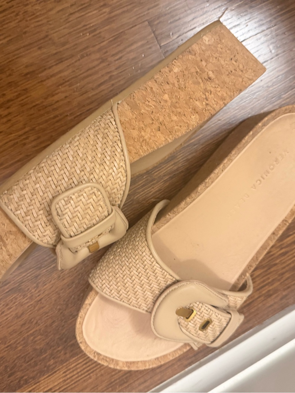 Veronica Beard Beige Woven Cork Slide Mules